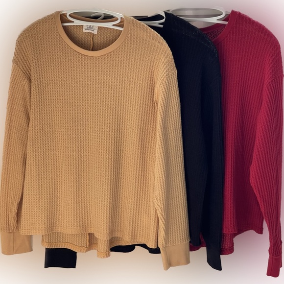 PST Los Angeles Tops - 3 Long Sleeve Tees Crew Neck Size Large Red Black Yellow Thermal Walffle